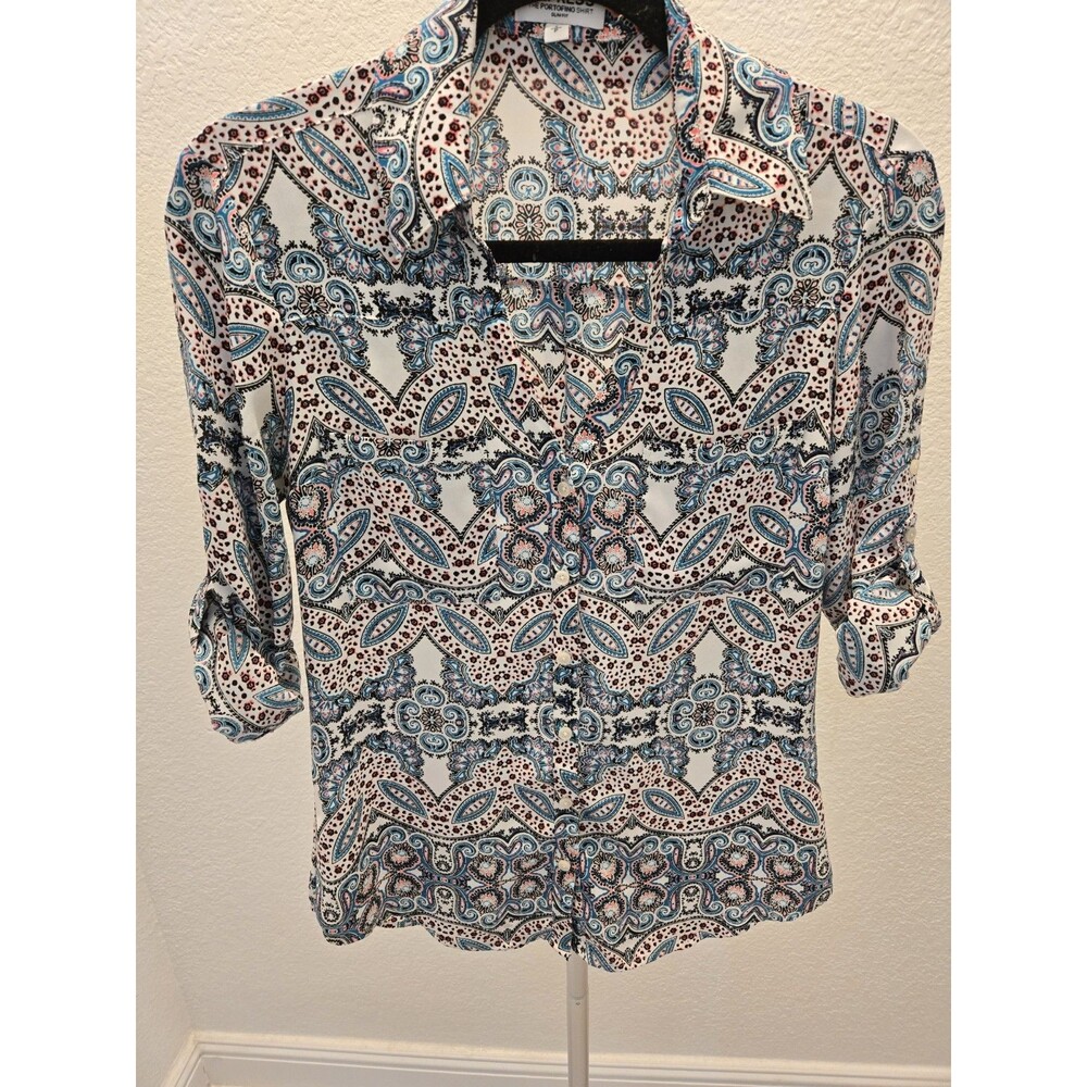 Express Portofino Shirt Small S Slim Fit Paisley Medallion Blouse Roll Tab - Picture 3 of 13